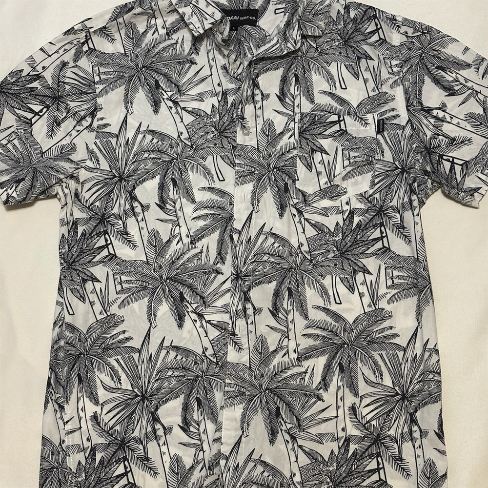 Molokai Surf Co Men's Hawaiian Shirt Size L Black Palm Tree Print Button